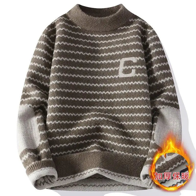 Sweater for Men Classic Fleece Lined Thick Warm Stripes Thicken Warm Base Layer Pullover Half-high Collar Trendy Casual Sweater