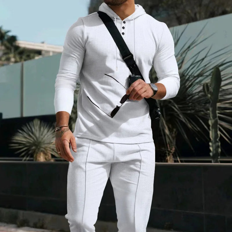 New Men's Casual Suit Outdoor European and American Hooded Solid Color Long Sleeve Trousers Suit
