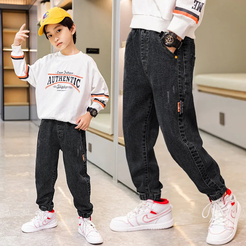Fashion Boys Letter Jeans Pants Spring Autumn Kids Denim Trousers Casual Clothes For Teenager Boy Loose Sport Pants for 5-12Year
