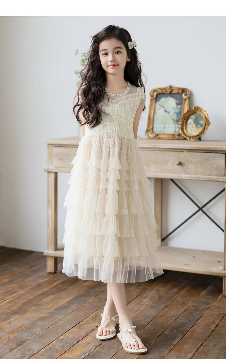 Tulle Tiered Dress for Girls 2026 New Summer Sleeveless Vest Princess Dress Daily Party Holiday Beige Teenage Children Clothes