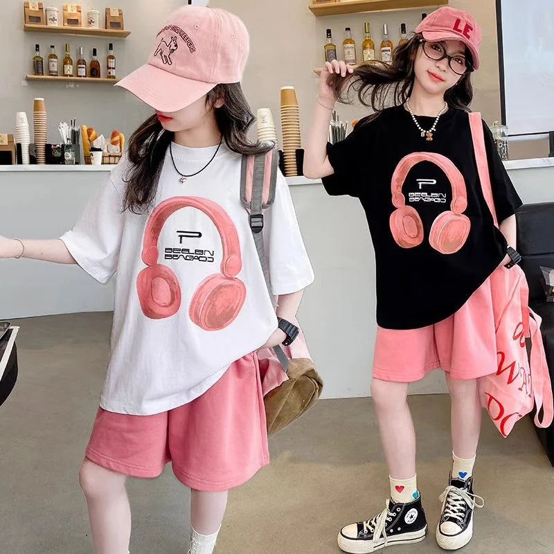 Girls' Shorts Set 2026 Summer New Kids' Suits Teenager Loose Short-Sleeve T-Shirt Outfits Children's Print Clothing Two-Piece