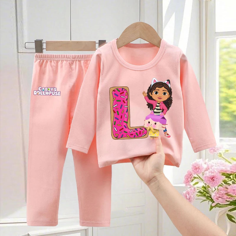 Gabby Dollhouses Pajamas Pants Set Girls Cute Letter A-Z Nightwear Trousers Kids Winter Home Clothes Children Long Sleeves Gift