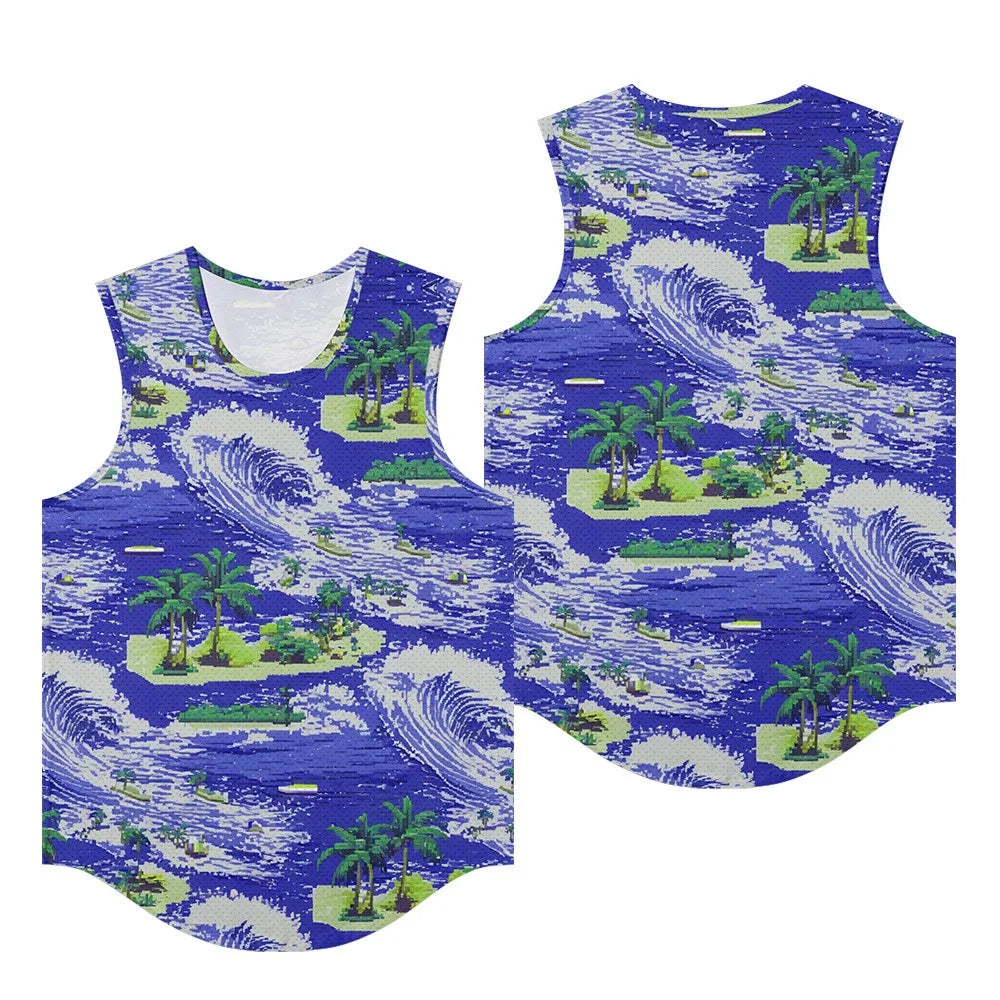 Men Vests Trendy Tropical Monstera Printed Breathable Beach Artistic Essential Tank Top Activewear Sports Oversized Clothing