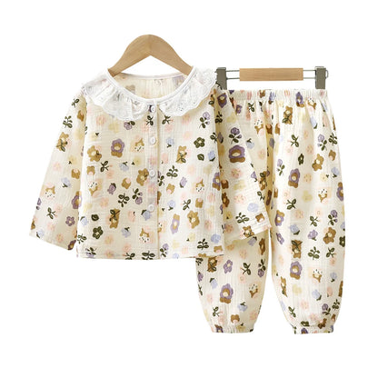 2Pcs Girls Summer Cotton Gauze Thin Pajamas Home Wear Cartoon Floral Print Long Sleeve Lace Trimmed Sleepwear Baby  Clothing Set