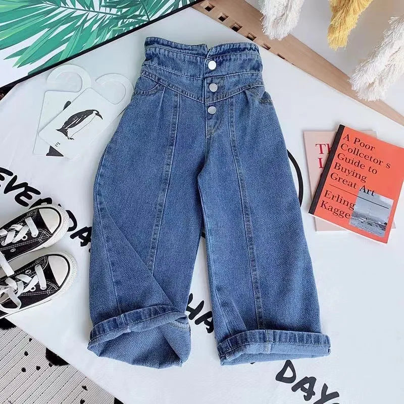Girls Ightweight Jeans Long Pants Stylish Children's Straight Pants Toddler High-Waist Jeans Long Pants Kids Casual Versatile