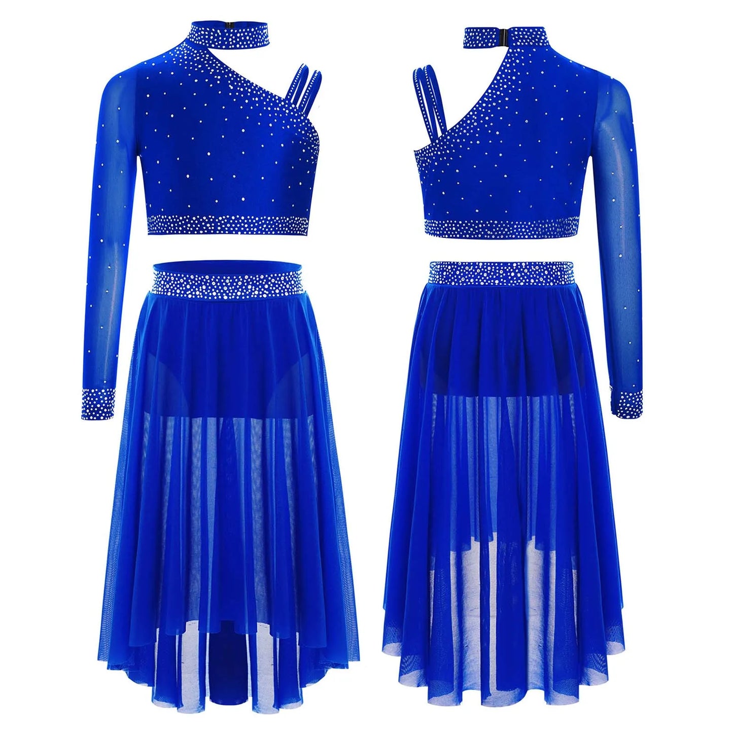 Girls Lyrical Dance Set Rhinestones Tops One Shoulder Crop Top with Side Slit Irregular Mesh Skirt Modern Contemporary Dancewear