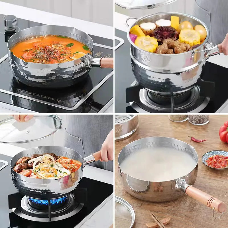 Stainless Steel Pan Japanese Snow Pan Wooden Handle Lid Stew Pots Fry Wok Saucepan Milk Pot Kitchen Utensils Practical Cookware