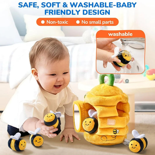 Baby Toys 6-12 Months Bee House with Stuffed Farm Animals for Toddlers 1-3 Baby Plush Beehive Wtih Rattles Squeaker Mirror