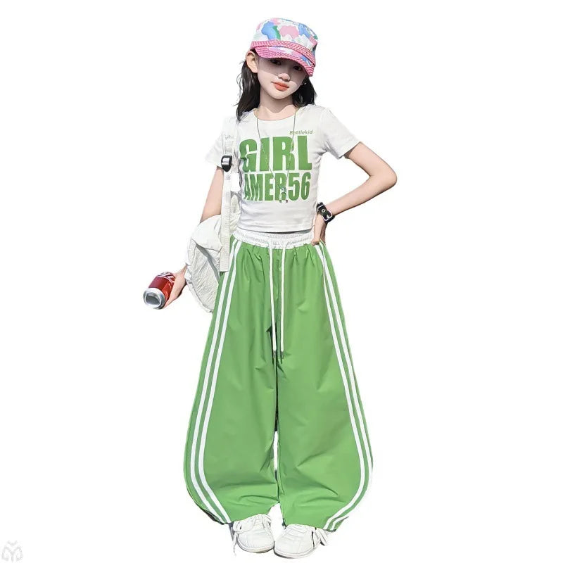 Teens Girls Clothing Sets Fashion Jazz Hip Hop Letter Top+stripe Sport Pants Two Pieces Suits for Kids Summer Streetwear Outfits