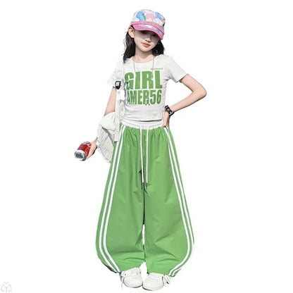 Teens Girls Clothing Sets Fashion Jazz Hip Hop Letter Top+stripe Sport Pants Two Pieces Suits for Kids Summer Streetwear Outfits