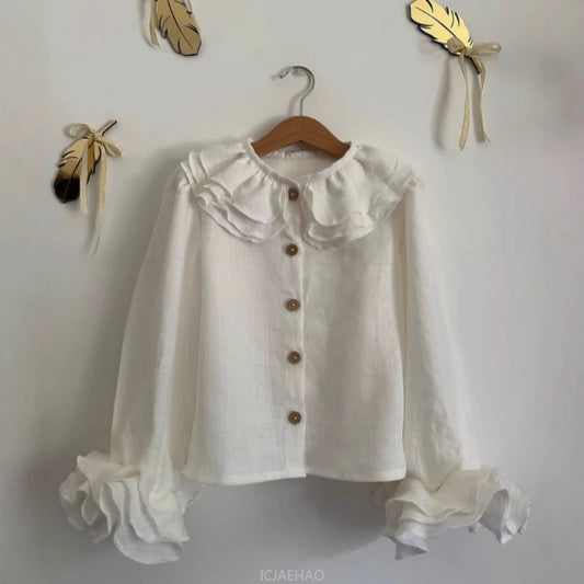 Teen Girl Clothes Kids French Style Girls Linen Blouse Layered Lace Shirt Versatile Kids Long Sleeve Top Costume Spring Autumn