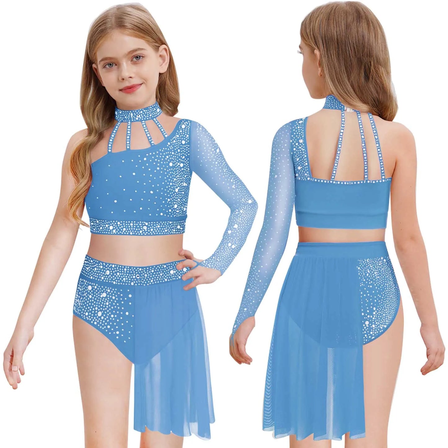Girls Lyrical Dance Outfit One Shoulder Rhinestone Crop Top with Skirts Modern Contemporary Ballet Gymnastics Skating Dancewear