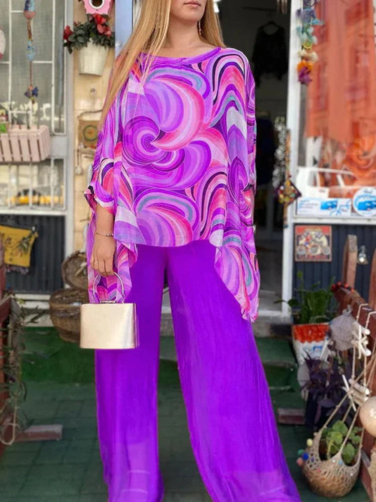 Print Chiffon Two Piece Set Women O Neck Long Sleeve Top Wide Leg Pants