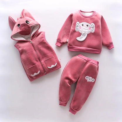 Baby Boy Clothes 2023 Autumn Cotton Thick Warm Casual Hooded Sweater Winter Cartoon Cute Bear Three-Piece Baby Girl Suit 0-5Y