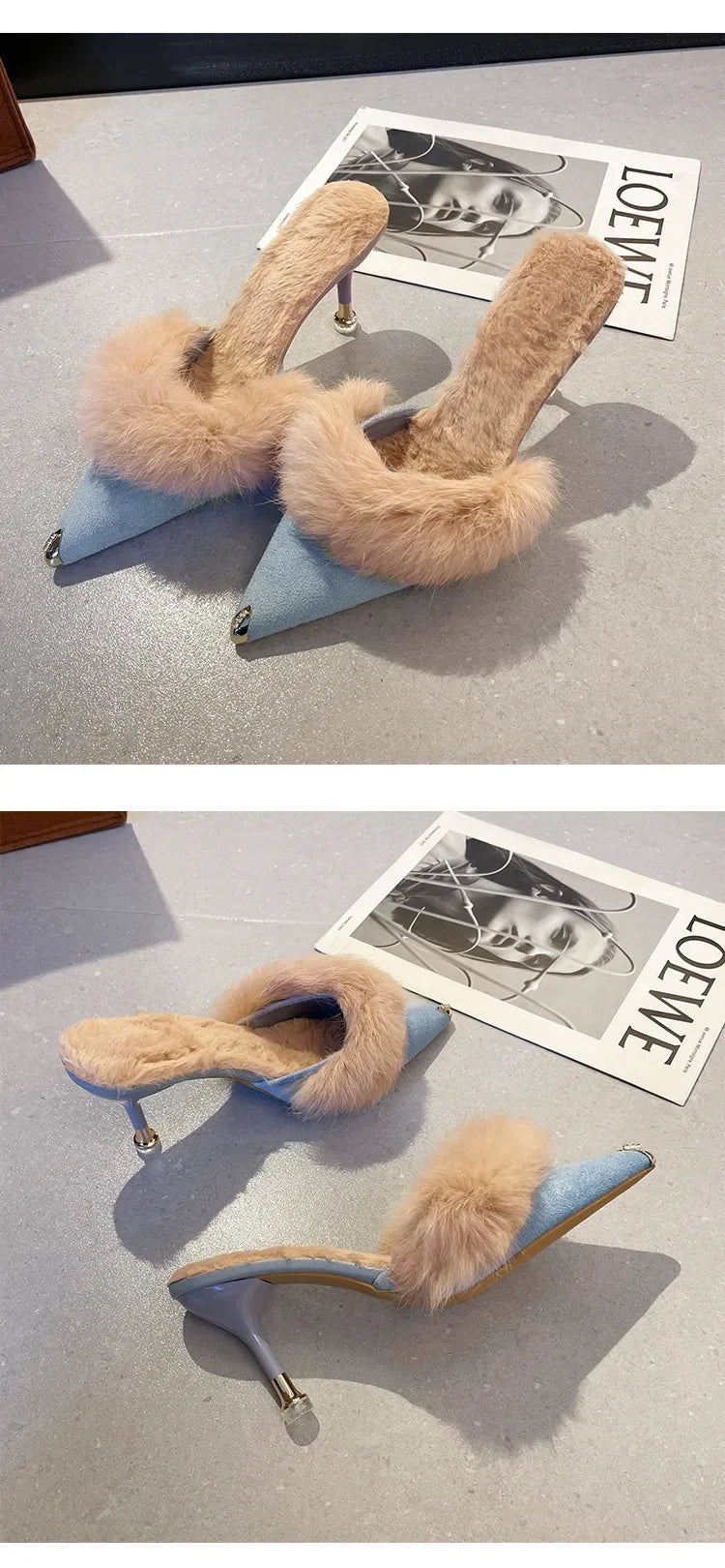 Women High Heel Shoes 2025 Fur Slippers Mules Pointed Toe Furry Slides Fashion Elegant Luxury Designer Flip Flops Office Pumps