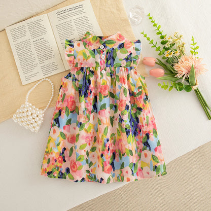 Baby Girl Dress, Summer New Sweet Flower Ruffled Sleeve Children'S Sleeveless Clothes Suitable For 0-3 Years Old