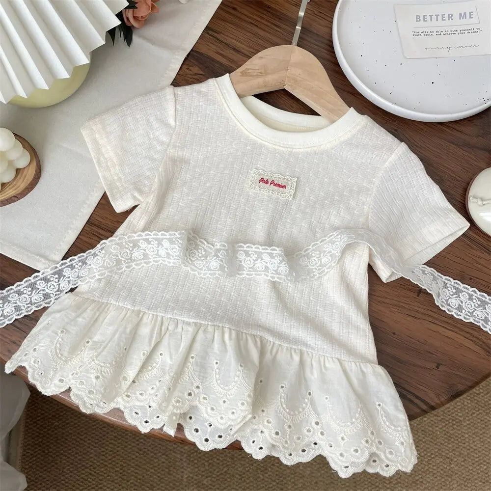 Girls' T-Shirt Summer 2026 New Lace Short Sleeve T-Shirt Blouse Underwear Children's Fashion Comfortable Top