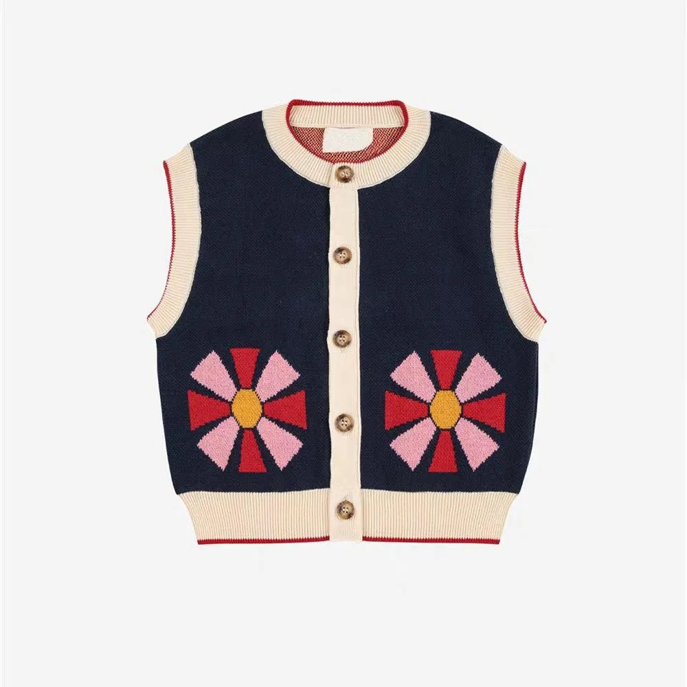 Children's Sweater 2025 Fall Autumn/Winter Girls' Cartoon Warm Cotton Color Block Pullover Vest Cardigan Boys' V-neck Knit