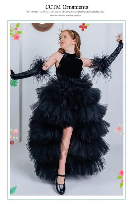 Girls Pageant Dress High Neck Halter Feather Sleeves Tiered Tulle Gown Formal Party Wedding Flower Girl Birthday Costume