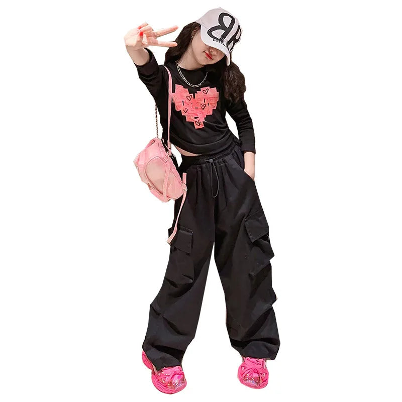 Teen Girls Clothes Set Cotton Love Tops T-shirt+Causal Cargo pants 2pcs Suit Children Outfits Tracksuits Kids 4 6 8 10 12 14Year