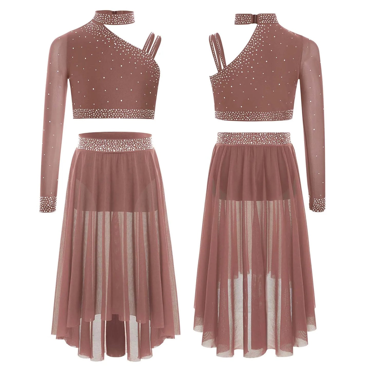 Girls Lyrical Dance Set Rhinestones Tops One Shoulder Crop Top with Side Slit Irregular Mesh Skirt Modern Contemporary Dancewear
