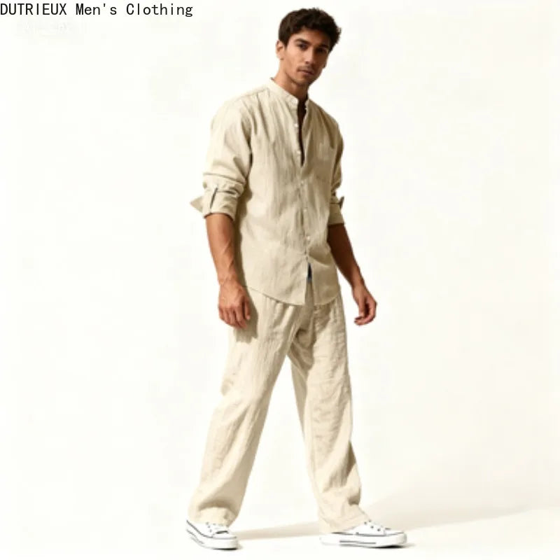 Fall Men's Cotton and Linen Two-piece Set, Oversized Simple Versatile Long-sleeved Shirt + Pants Comfortable Linen Suit for Men
