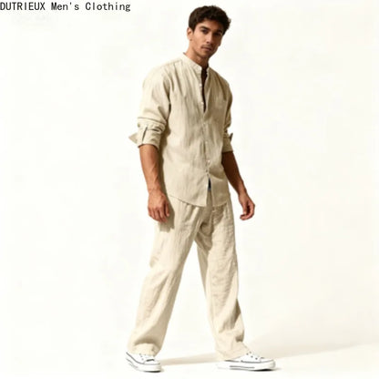 Fall Men's Cotton and Linen Two-piece Set, Oversized Simple Versatile Long-sleeved Shirt + Pants Comfortable Linen Suit for Men