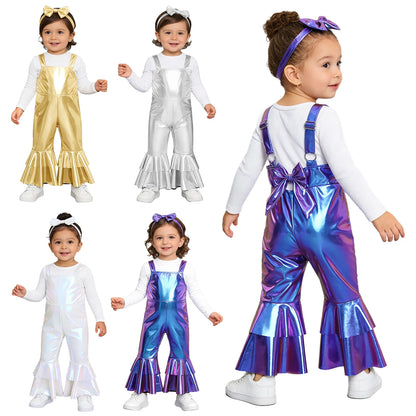 Baby Girls Clothes Birthday Party Metallic Bell Bottoms Romper Djustable Straps Bow Overalls with Headwear Photo Shoot Outfit