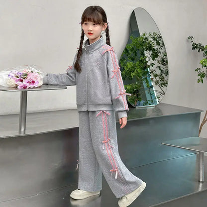 Teen Girls Clothing Set Spring Autumn Striped Bow Jacket+Pants 2Pcs Leisure Tracksuit for Kids Clothes For 5 6 8 10 12 14 Years