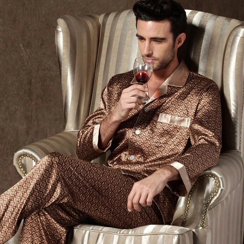 Pajamas Men Spring Summer Thin Ice Silk Luxurious Loose Fitting Home Wear Suit Male Satin Pyjamas Set Night Pajamas Set Men