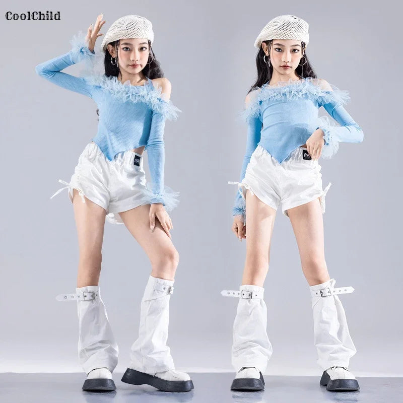 Girls K-pop Elegant Crop Top Cargo Pants Children Hip Hop Jazz Dance Shorts Kids Sweet Streetwear Costume Princess Clothes Sets