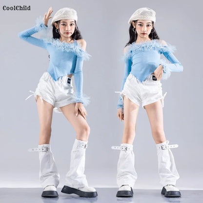 Girls K-pop Elegant Crop Top Cargo Pants Children Hip Hop Jazz Dance Shorts Kids Sweet Streetwear Costume Princess Clothes Sets