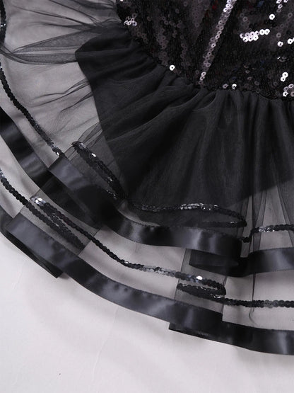 Girls Teens Shiny Sequin Tulle Dress for Ballet Latin Jazz Lyrical Dance Dresses Sleeveless Halter Neck Leotards Tutu Dress