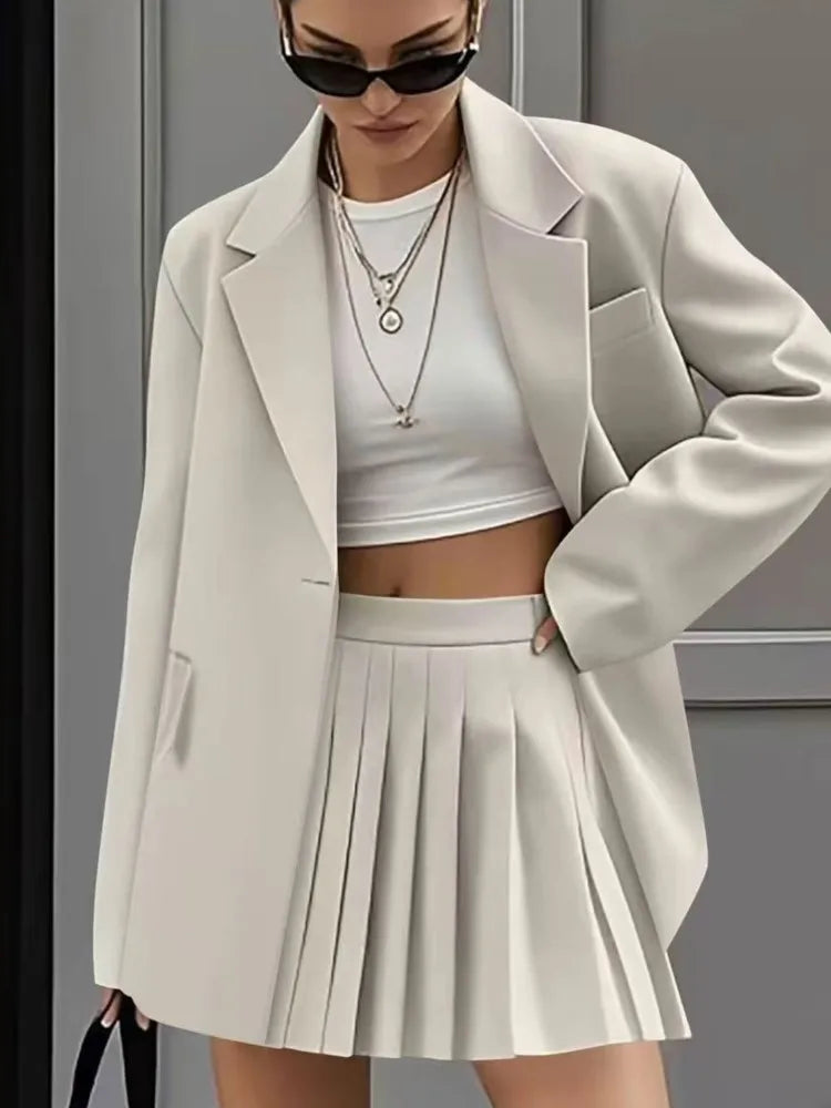 Women's New Fashion Casual Two-Piece Sets Pleated Skirt Suits Women Spring Autumn Office Ladies Solid Suit Coat And Skirt Set