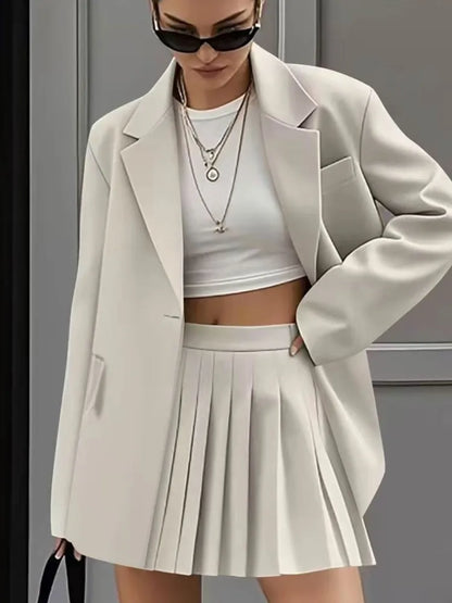 Women's New Fashion Casual Two-Piece Sets Pleated Skirt Suits Women Spring Autumn Office Ladies Solid Suit Coat And Skirt Set