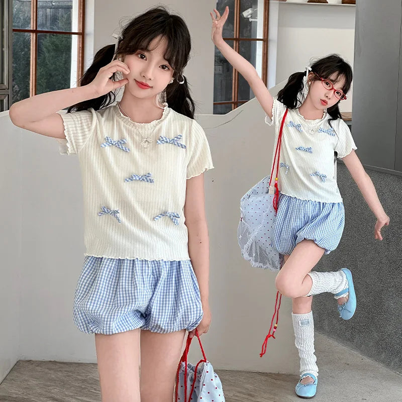 Teen Girls Clothing Sets of Clothes for Fitness Summer Outfit Korean Kids Clothing for Child Brief T-shirt Shorts 2PCS Suit 5-14