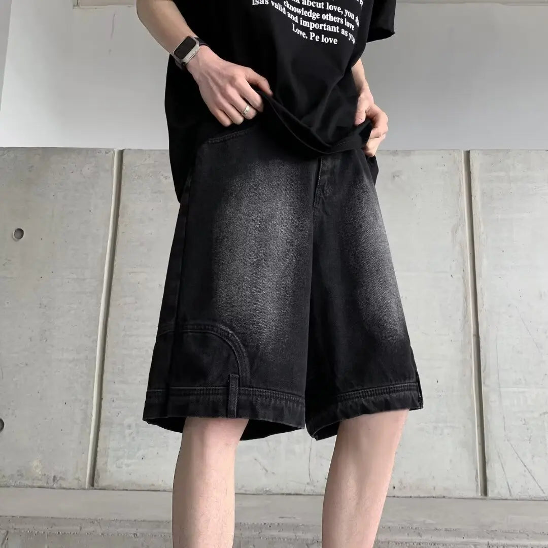 Men's jeans summer thin American retro high street trendy brand five-point pants loose straight casual washed pants