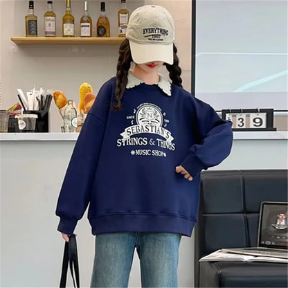 New Spring School Girls Sweatshirt For Teens Cotton Long Sleeve T-shirt Children Turn Down Collar Sweat-shirt Clothing 5-14Y