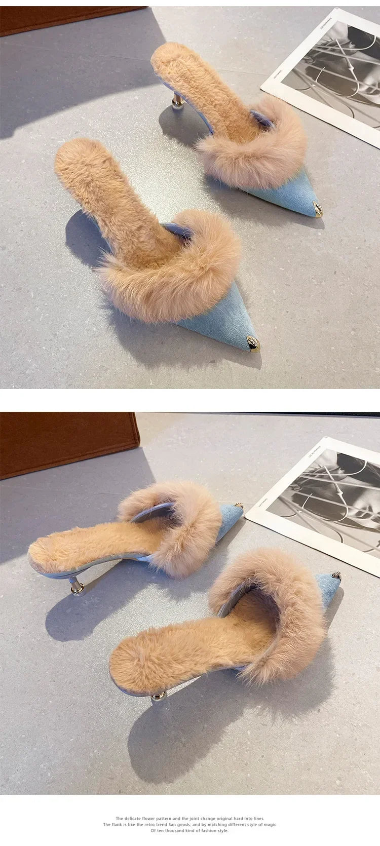 Women High Heel Shoes 2025 Fur Slippers Mules Pointed Toe Furry Slides Fashion Elegant Luxury Designer Flip Flops Office Pumps
