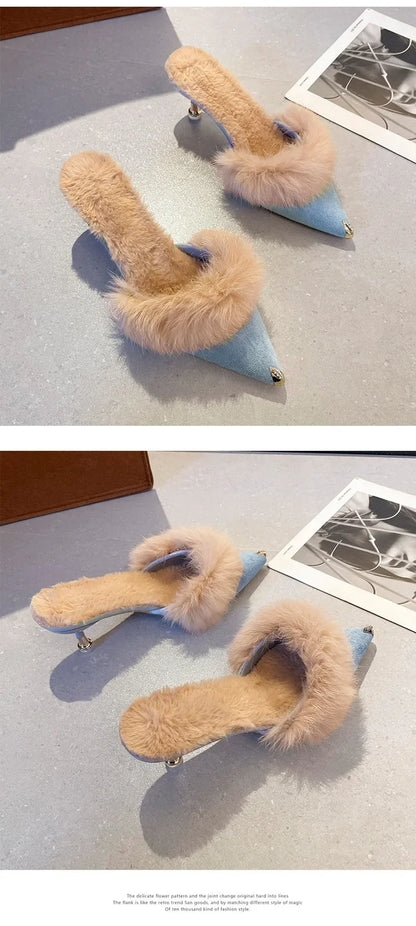 Women High Heel Shoes 2025 Fur Slippers Mules Pointed Toe Furry Slides Fashion Elegant Luxury Designer Flip Flops Office Pumps