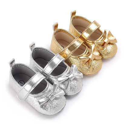 Cute Silver Gold Baby Girls Shoes Bow Princess Shoes PU Anti-slip Soft Sole Infant First Walkers Newborn Crib Baby Shoes
