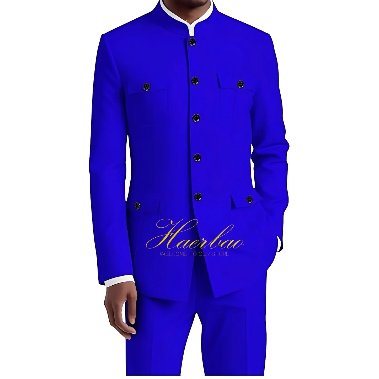 Men's Chinese Tunic Suit Formal 2 Piece Suits for Men Collar Jacket Slim Fit 4 Pocket Blazer Wedding Men Suits Tuxedo