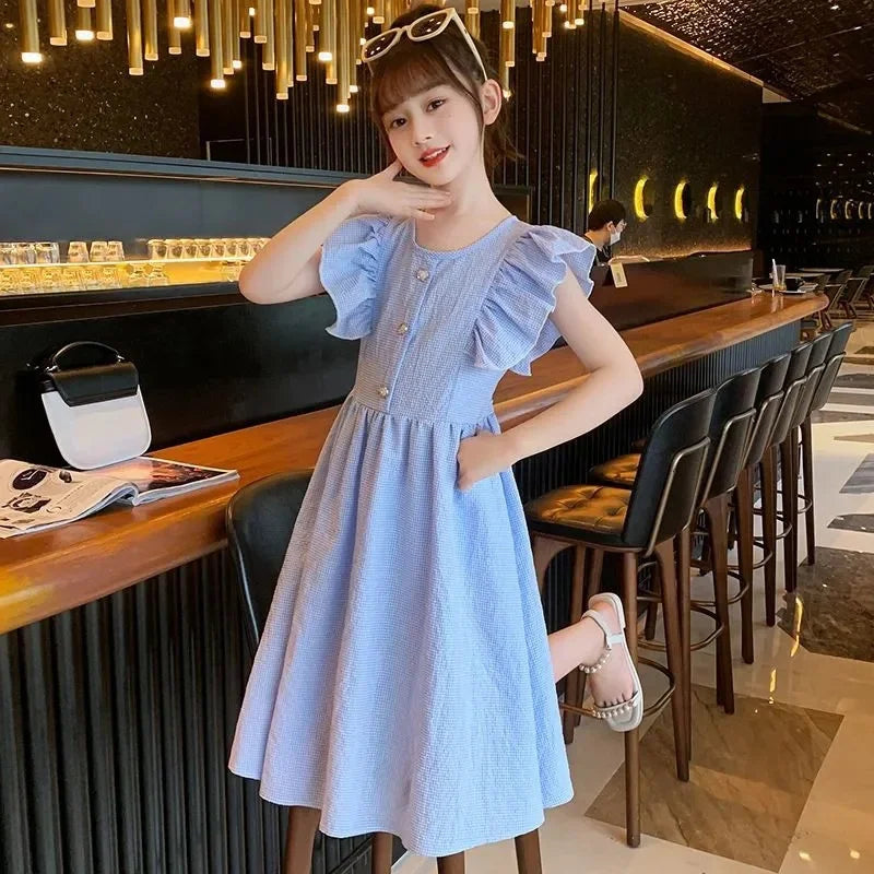 New Girls Summer Dress Kids Casual Sleeveless Clothes Gown Princess Children Elegant Costumes Teen Flying Sleeves Dresses 5-14Y