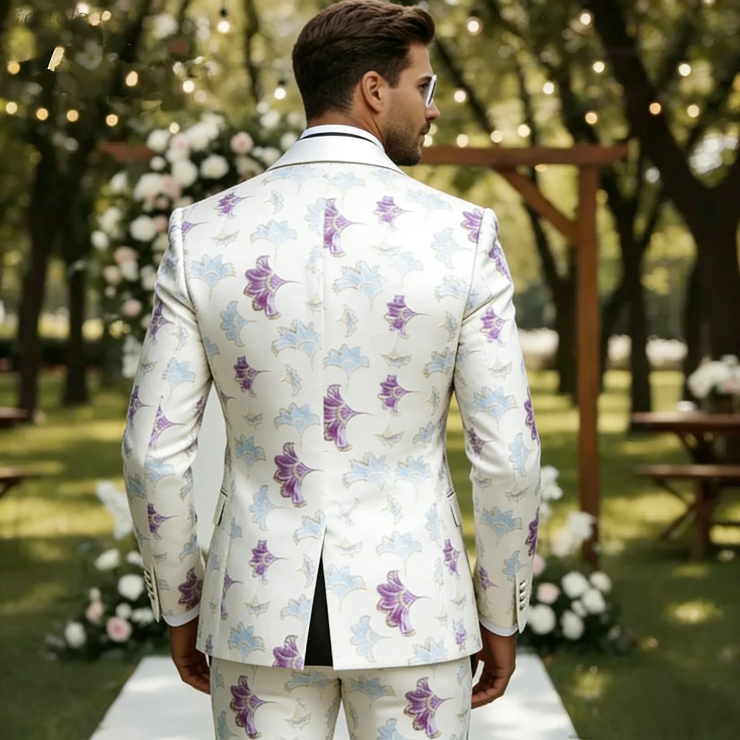 Men Suits for Groom 3-Piece Costumes Fashion Jacquard White Shawl Laple Blazer Vest Pants Set Wedding Party Tuxedos Groomsmen