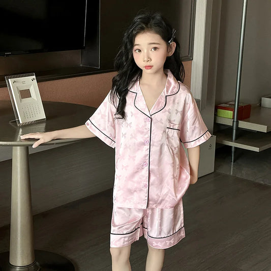 Girls Pajamas Set Soft Silk Satin 2-Piece PJs Sleepwear Kids Short Sleeve Short Pants Princess Button Down Outfit Set Size 3-13Y