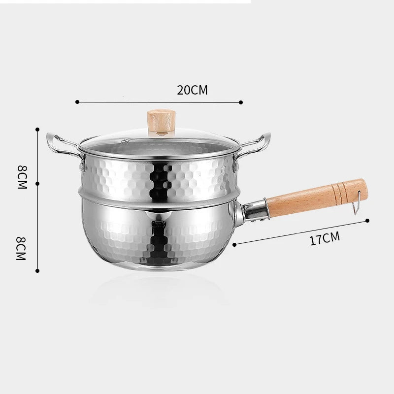Stainless Steel Pan Japanese Snow Pan Wooden Handle Lid Stew Pots Fry Wok Saucepan Milk Pot Kitchen Utensils Practical Cookware