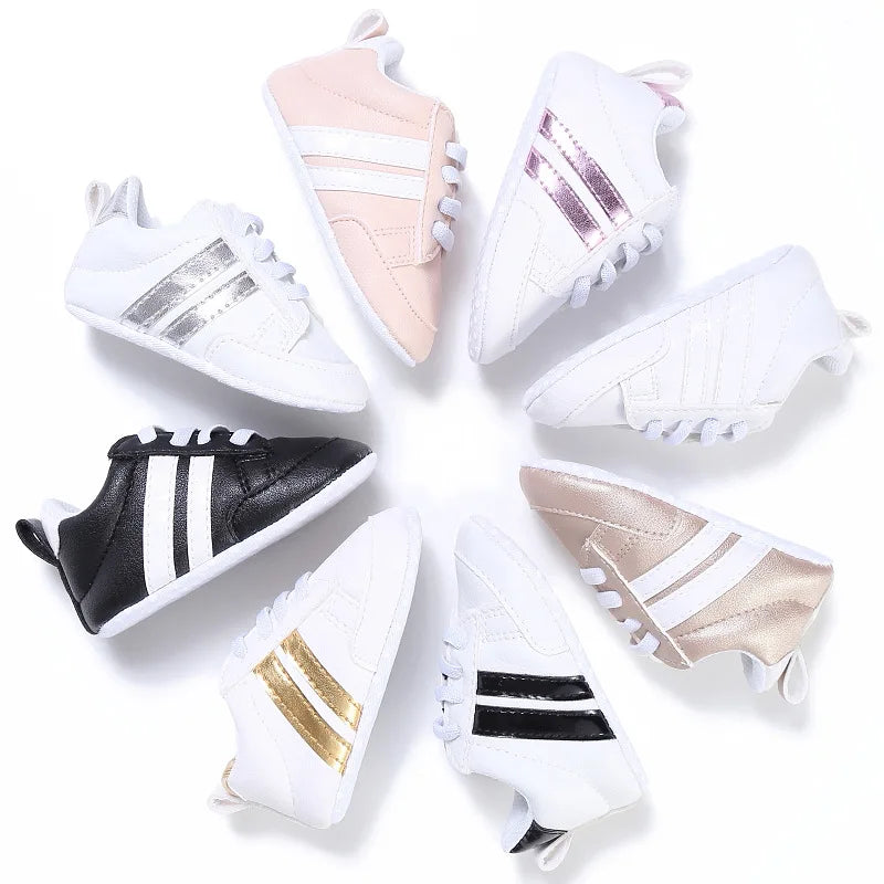 Newborn Baby Boys Shoes for 1 Year Footwear with Striped Infant Casual PU Leather Toddler Soft Sole Girls Sneakers First Walkers