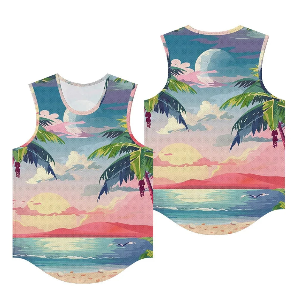 Men Vests Trendy Tropical Monstera Printed Breathable Beach Artistic Essential Tank Top Activewear Sports Oversized Clothing