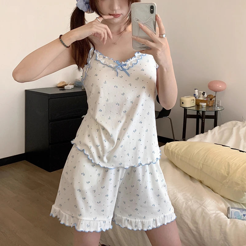 Girls Sweet Floral Pajamas Female With Chest Pad Camisole Vest Home Wear Suit