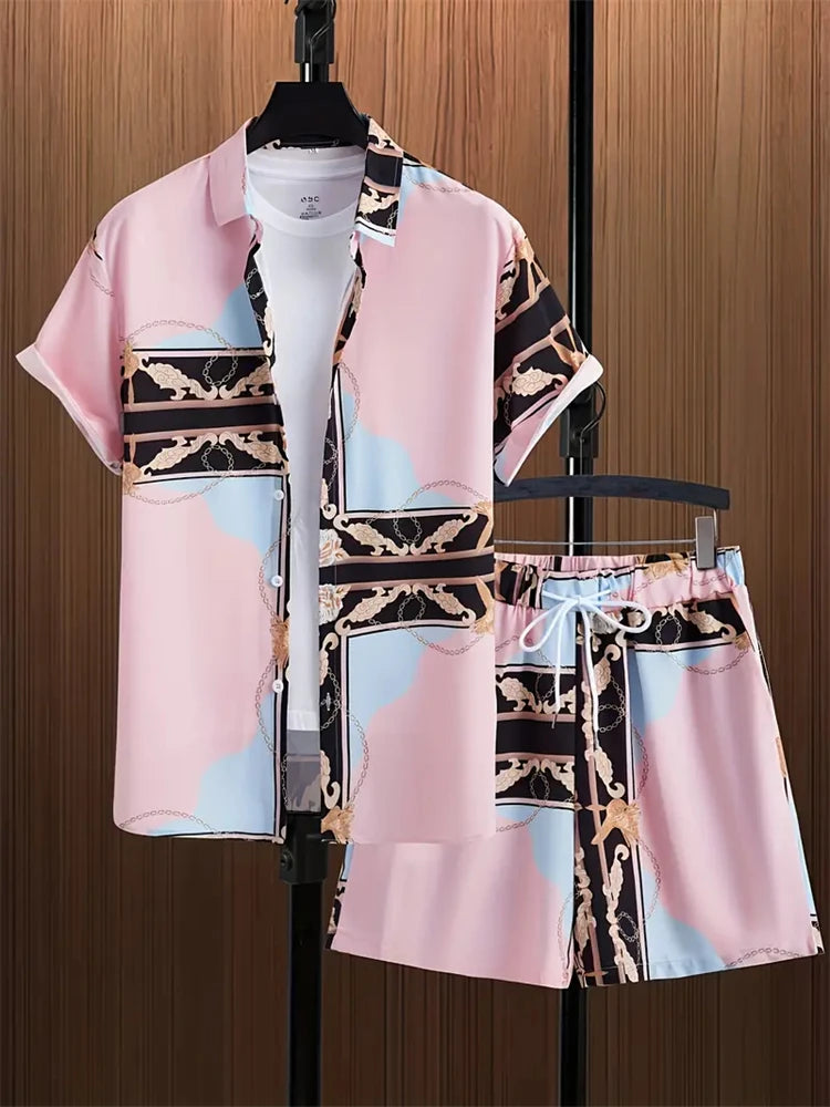 2024 New Men's Beach Wear 2-Piece Quick Drying Hawaiian Shirt and Shorts Set Summer Men's Fashion Striped Print Casual Wear